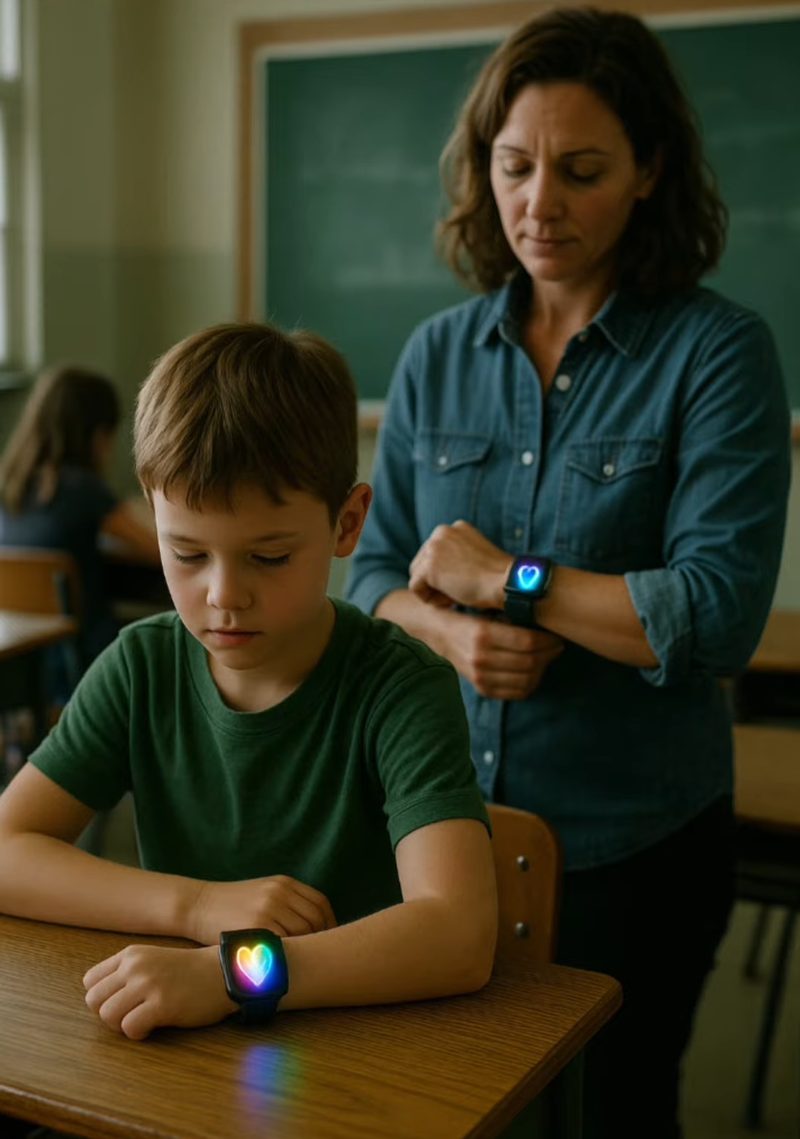 A boy at a classroom desk looks down at a watch on his wrist that shows a glowing, rainbow-colored heart. His teacher stands behind him, glancing at a heart on her own watch.