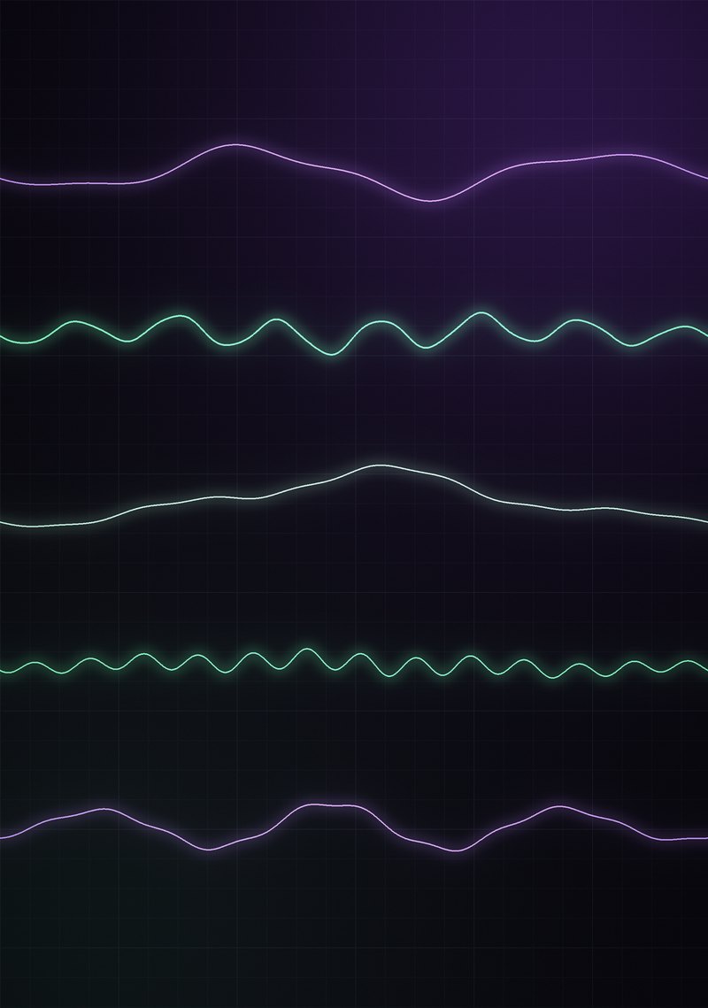 Abstract illustration of smooth green and purple signal waveforms on a dark grid.